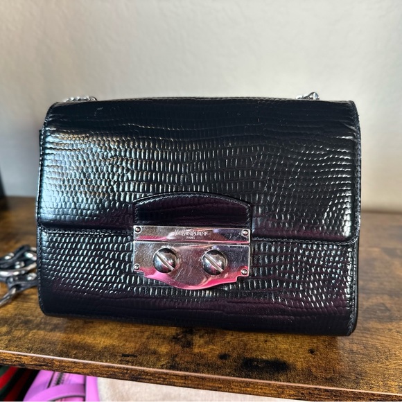 YSL Yves Saint Laurent Black Leather Embossed Exotic Shoulder Bag - Picture 4 of 10